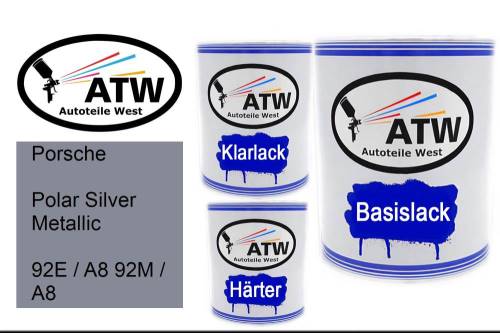 Porsche, Polar Silver Metallic, 92E / A8 92M / A8: 1L Lackdose + 1L Klarlack + 500ml Härter - Set, von ATW Autoteile West.
